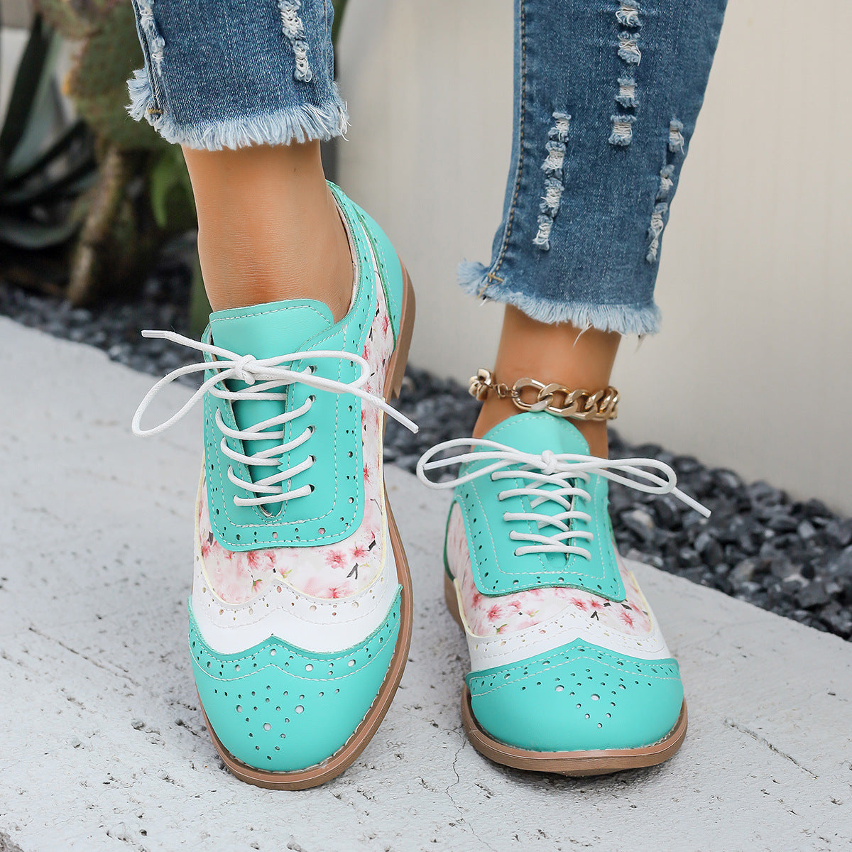 Norla Bloom — Women’s Pastel Brogue Shoes with Floral Detail