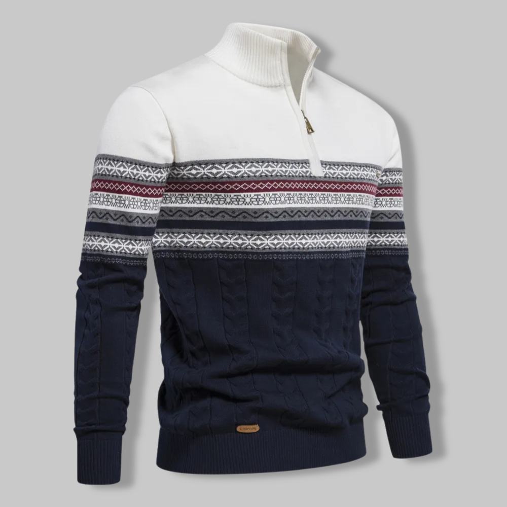 Liron — Pull homme bicolore en maille torsadée avec demi-fermeture éclair