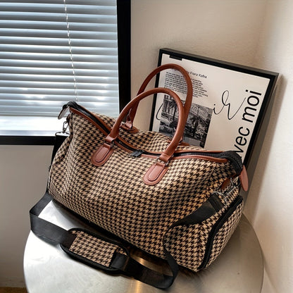Cortelle Weekender Tasche — Hahnentritt-Canvas-Reisetasche mit veganem Lederbesatz