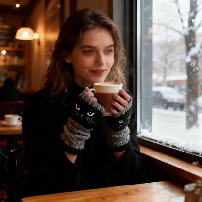 Myra CozyCat Fingerless Gloves — Warme Strickhandschuhe mit Katzenstickerei