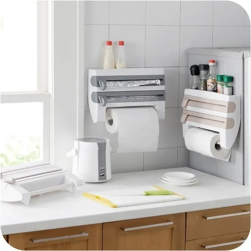 VelaWrap Organizer — Veggmontert dispenser for kjøkkenfolie med krydderhylle