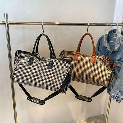 Cortelle Weekender Tasche — Hahnentritt-Canvas-Reisetasche mit veganem Lederbesatz