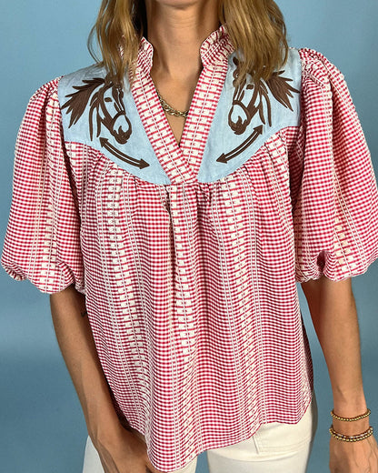 Emlyn — Cotton Blend Puff Sleeve Top with Horse Embroidery