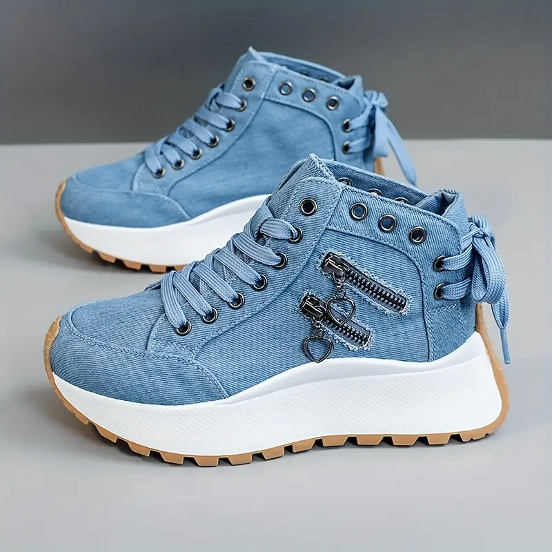 Sneakers in denim Norla — Scarpe casual con plateau chunky, zip e dettagli a fiocco