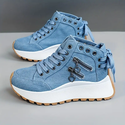 Sneakers in denim Norla — Scarpe casual con plateau chunky, zip e dettagli a fiocco