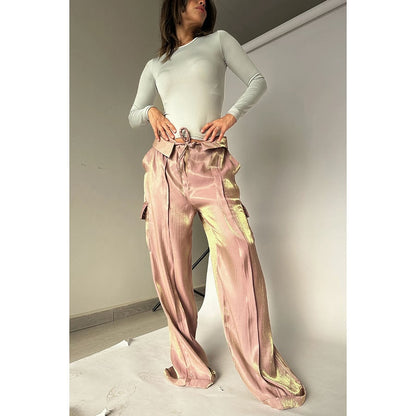Liora — Wide-Leg Glitter Pants with Drawstring Waist and Pockets