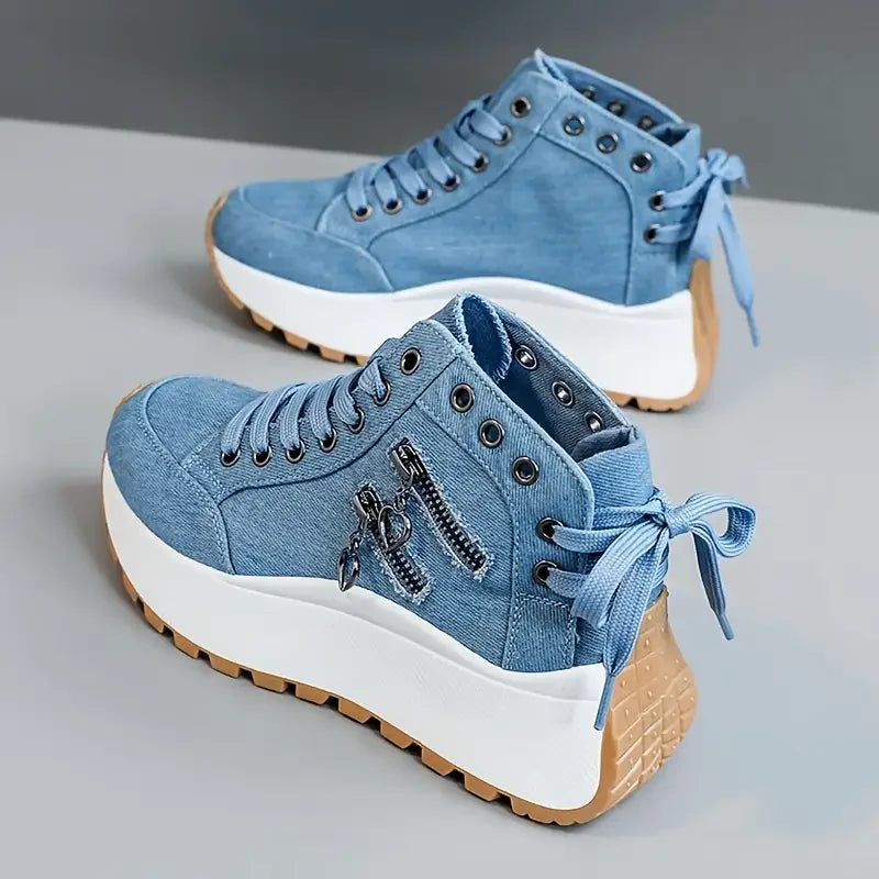 Sneakers in denim Norla — Scarpe casual con plateau chunky, zip e dettagli a fiocco