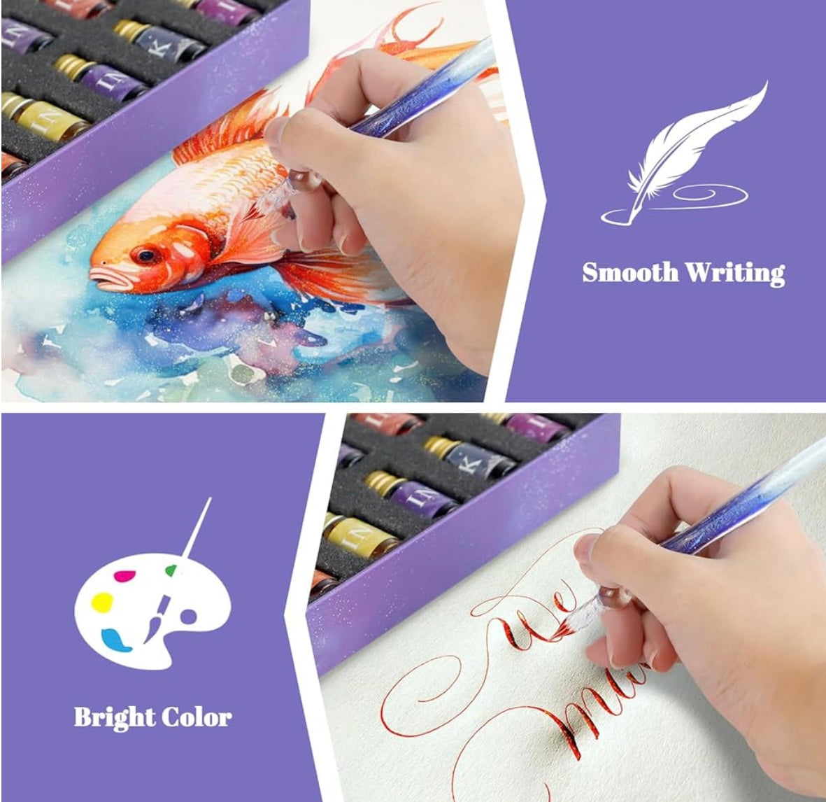 Sereli CrystalDip — Stylo en verre borosilicaté avec encre arc-en-ciel pour art éblouissant