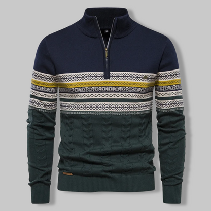 Liron — Pull homme bicolore en maille torsadée avec demi-fermeture éclair