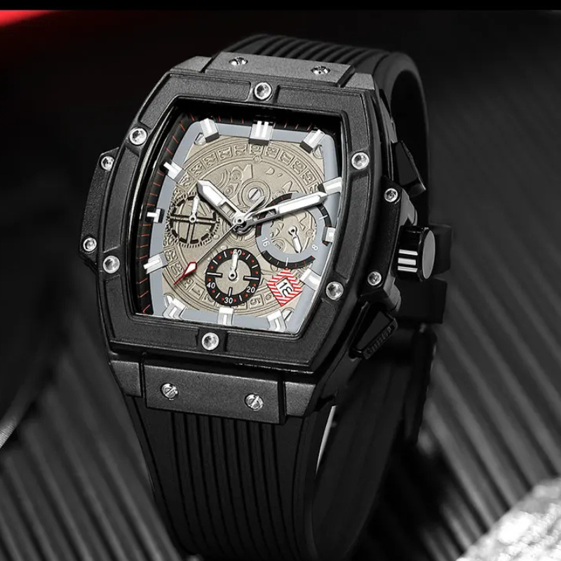 Orologio cronografo Tavion Chrono inciso in stile azteco con cinturino in silicone