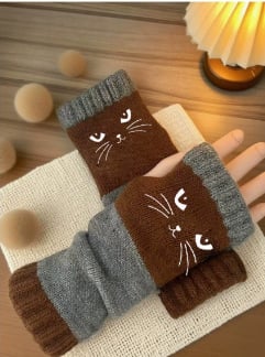 Myra CozyCat Fingerless Gloves — Warme Strickhandschuhe mit Katzenstickerei
