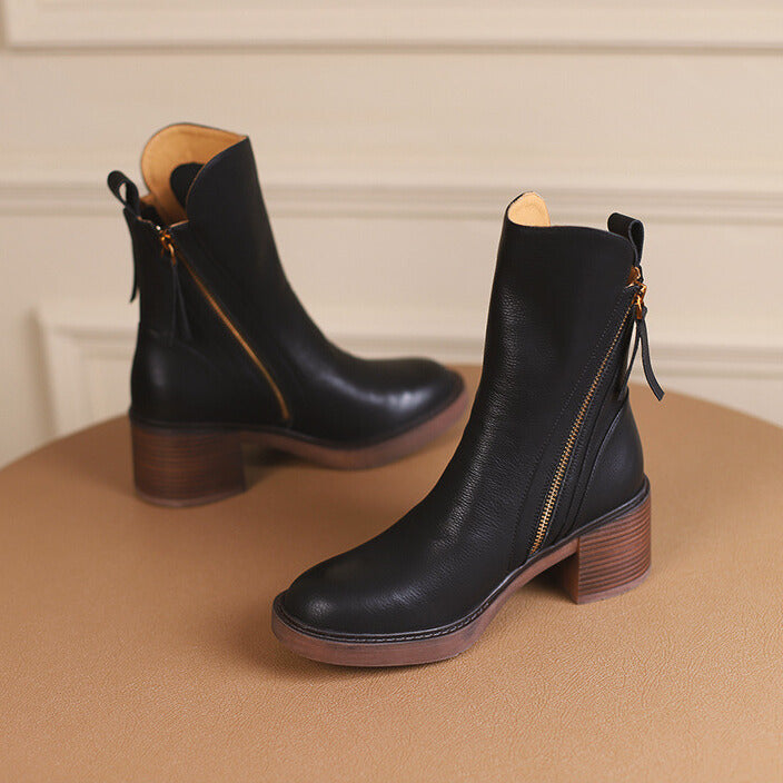 Bottes en cuir vegan Liora — Talon bloc confortable avec fermeture éclair latérale