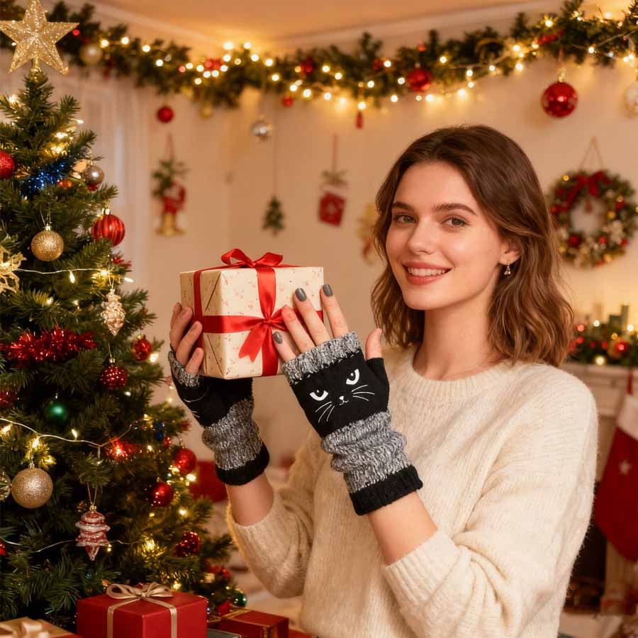 Myra CozyCat Fingerless Gloves — Warme Strickhandschuhe mit Katzenstickerei