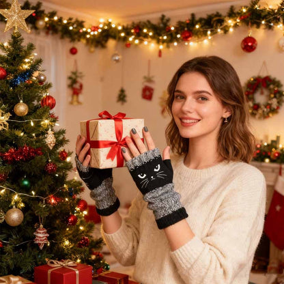Myra CozyCat Fingerless Gloves — Warme Strickhandschuhe mit Katzenstickerei