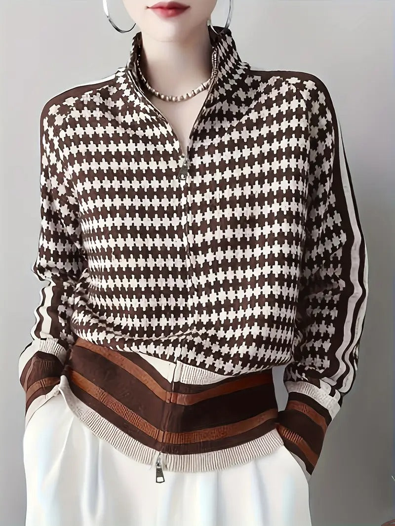 Corbin — Herre Houndstooth Striktrøje med Lynlåshals