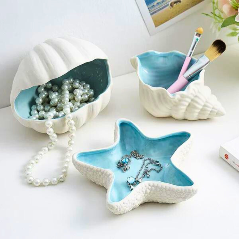 Azura — Porte-Coquillage en Céramique avec Organisateur à Émail Corail Bleu