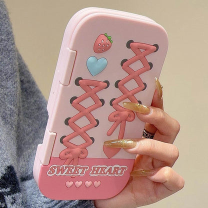 Lunelle Strawberry — Rózsaszín szilikon flip tok tükörrel és 3D-s masnival
