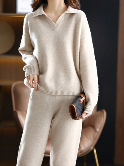 Mavren Cashmere Set — Two-Piece Polo Knit Outfit with Harem Pants