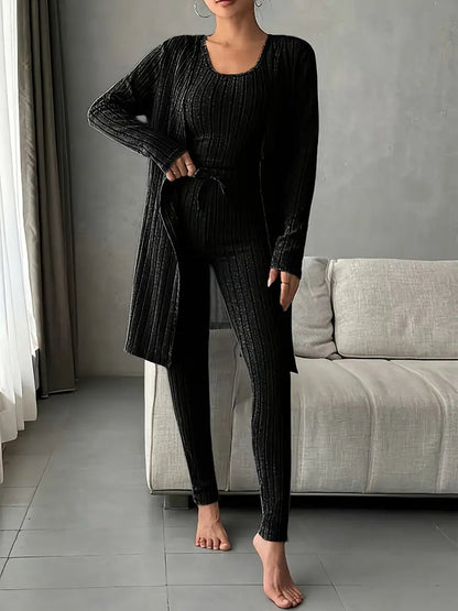 Set Lounge in Maglia Costina Nerina da 3 Pezzi con Vestibilità Slim