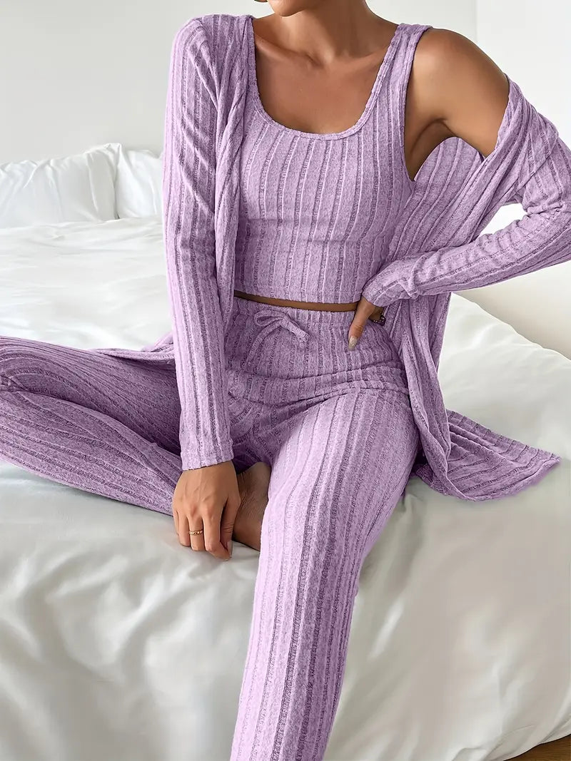 Set Lounge in Maglia Costina Nerina da 3 Pezzi con Vestibilità Slim