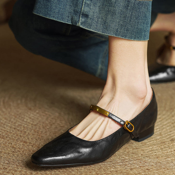 Arrivo — Genuine Leather Mary Jane Pumps with Metal-Bit Accent