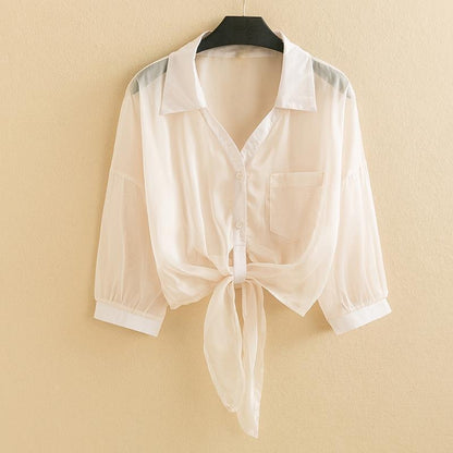 Elara — Sheer Voile Linen Tie-Front Blouse with Billowed Sleeves