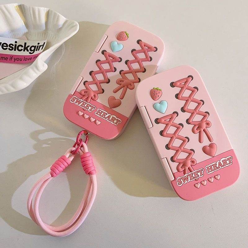 Lunelle Strawberry — Rózsaszín szilikon flip tok tükörrel és 3D-s masnival