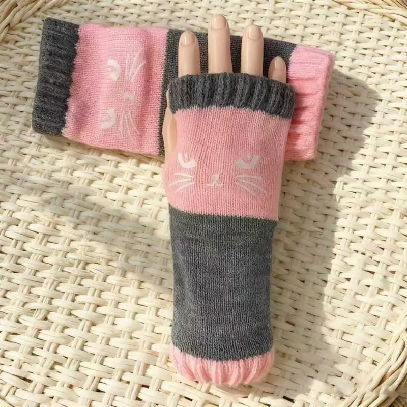 Myra CozyCat Fingerless Gloves — Warme Strickhandschuhe mit Katzenstickerei