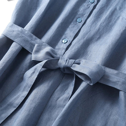 Elara Linen Midi Dress — Breathable Collared Dress with Adjustable Belt