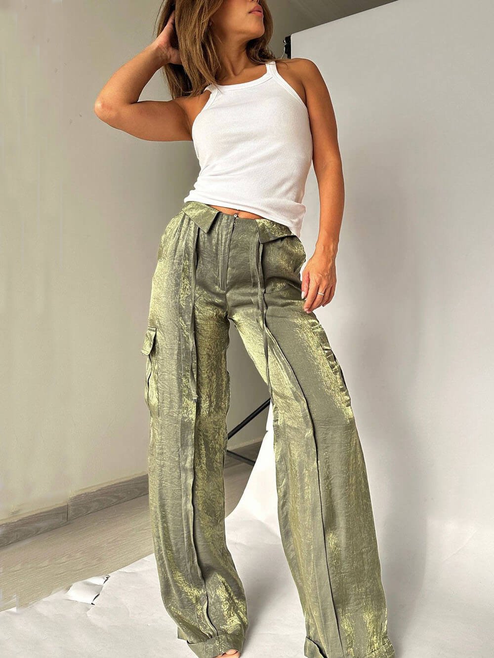 Liora — Wide-Leg Glitter Pants with Drawstring Waist and Pockets