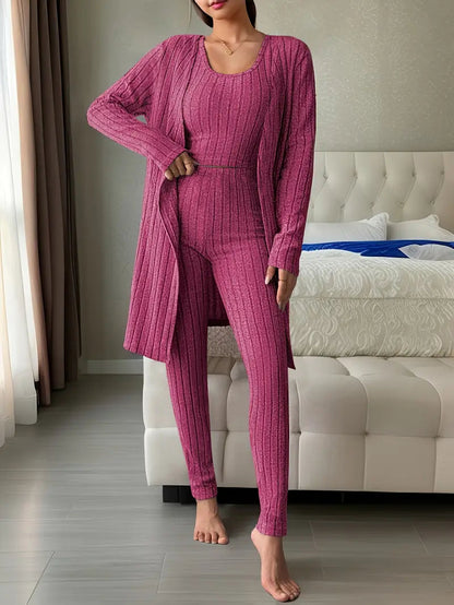 Set Lounge in Maglia Costina Nerina da 3 Pezzi con Vestibilità Slim