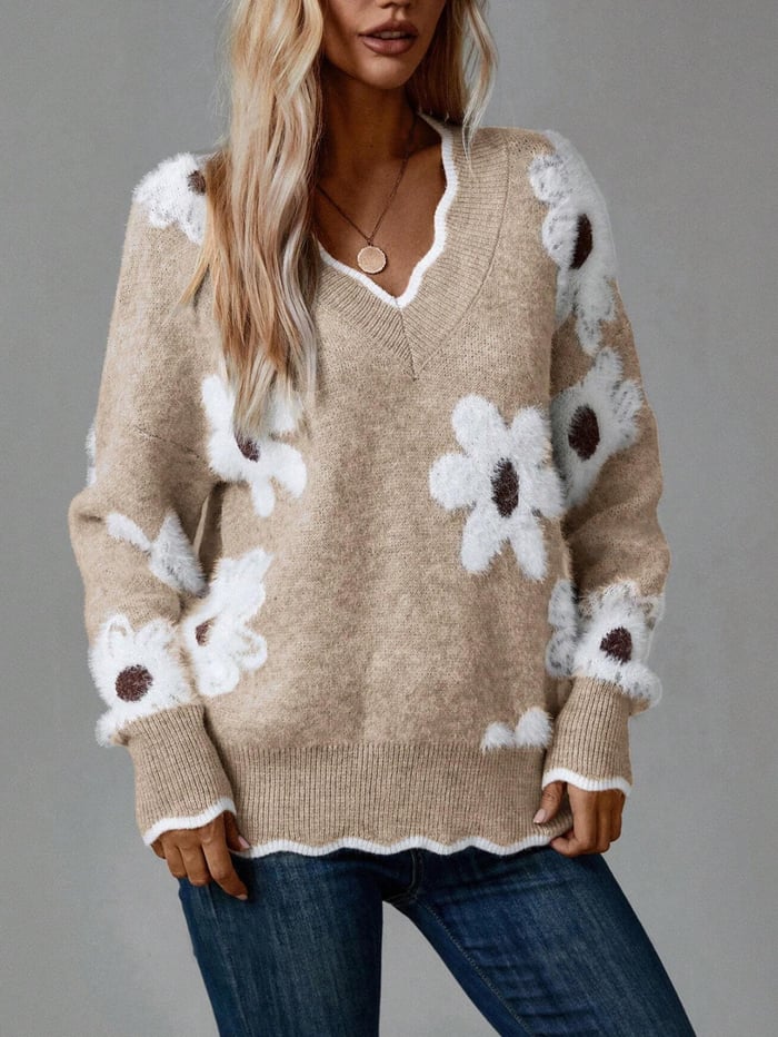 Floral Pattern Scallop Trim Sweater 32$ TODAY ONLY