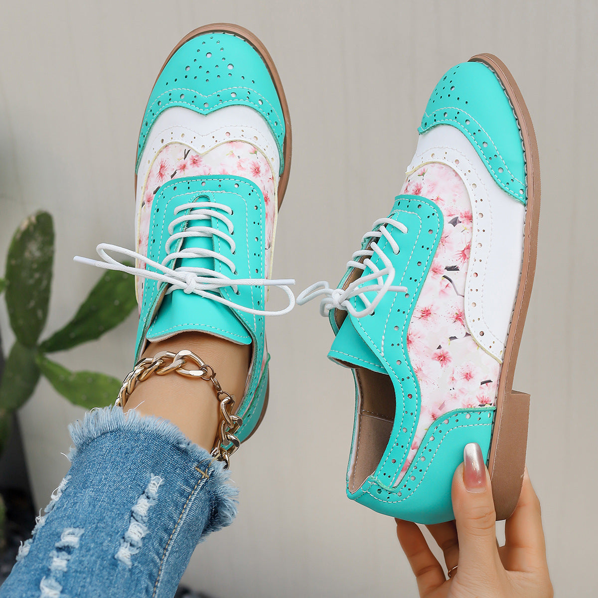 Norla Bloom — Women’s Pastel Brogue Shoes with Floral Detail