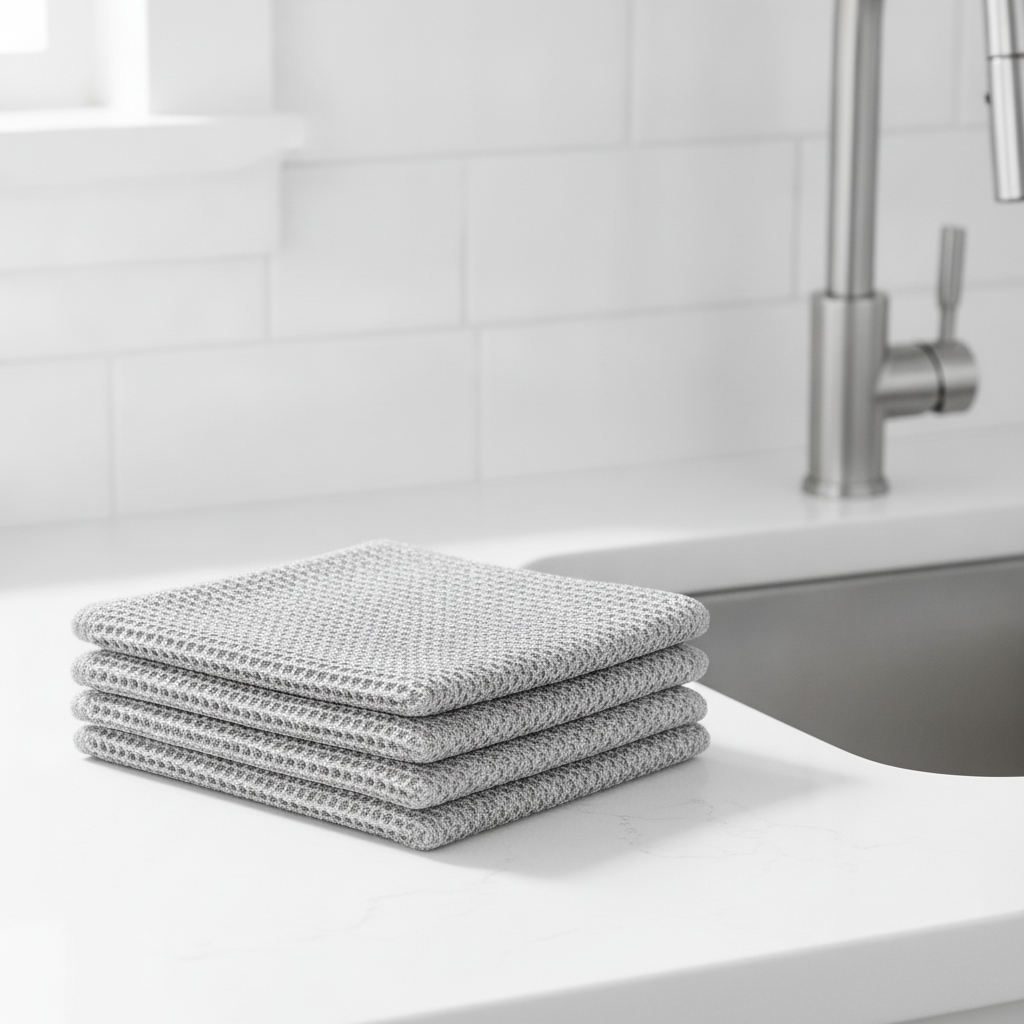 Stack of wire mesh cloths by the sink