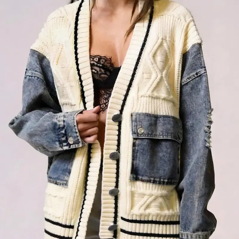 Ava Cardigan Sweater | Cotton Blend, Relaxed Fit with Denim Sleeves 0