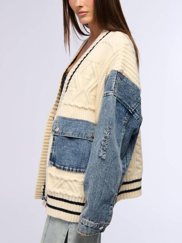Ava Cardigan Sweater | Cotton Blend, Relaxed Fit with Denim Sleeves 1