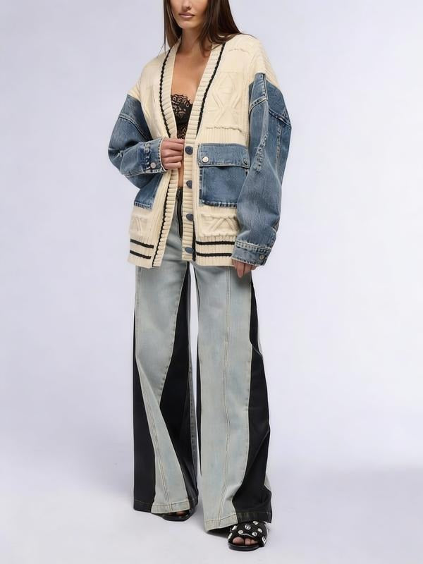 Ava Cardigan Sweater | Cotton Blend, Relaxed Fit with Denim Sleeves 4