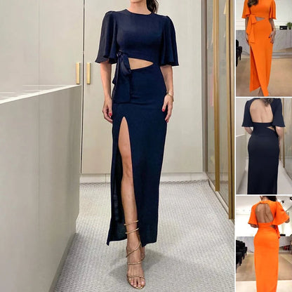 Bella Backless Midi Dress | Black, Thigh Slit, Waist Cutout 1