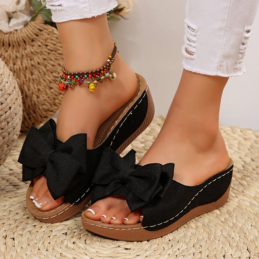 Bella Black Wedge Sandals | Bowknot Design, Non-Slip Sole 0