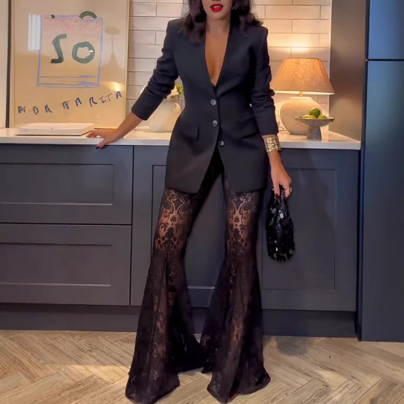 Bella Women's Suit | Chic Lace Blazer and Flared Pants Set 0