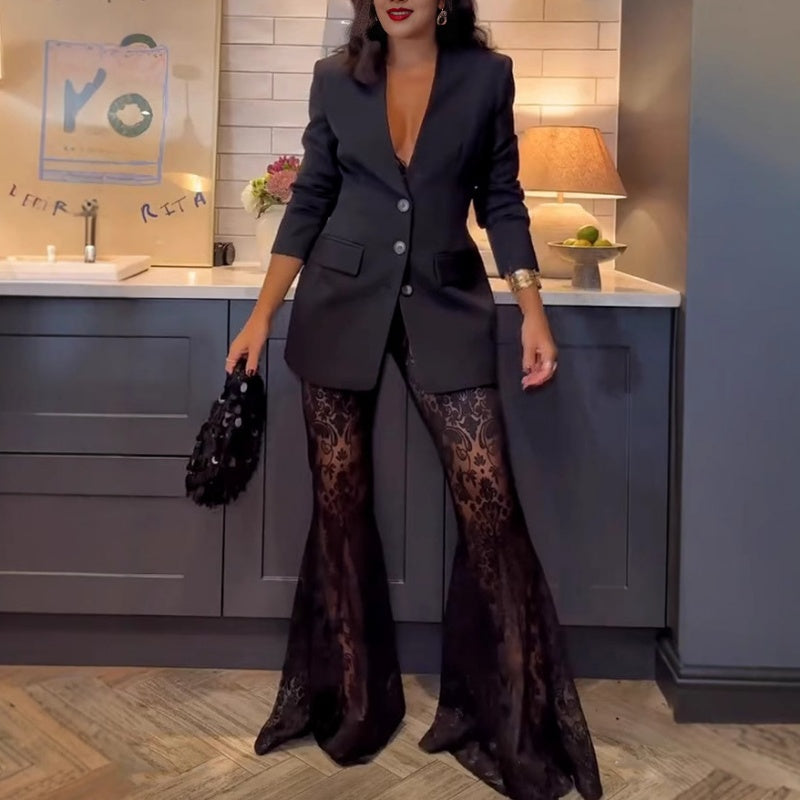 Bella Women's Suit | Chic Lace Blazer and Flared Pants Set 3