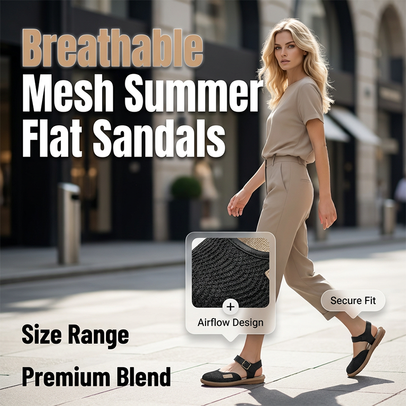Blythe Black Flat Sandals | Breathable Mesh, Adjustable Ankle Strap 1