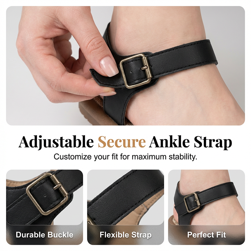 Blythe Black Flat Sandals | Breathable Mesh, Adjustable Ankle Strap 5