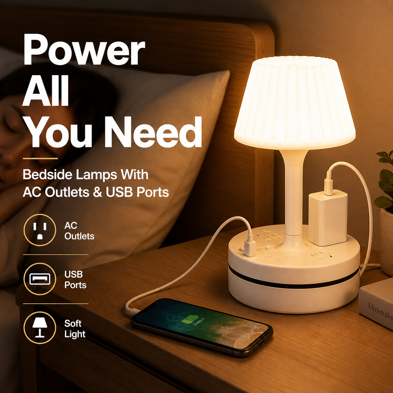 Brix Bedside Lamp | Compact Design with AC Outlets and USB Charging Ports 0