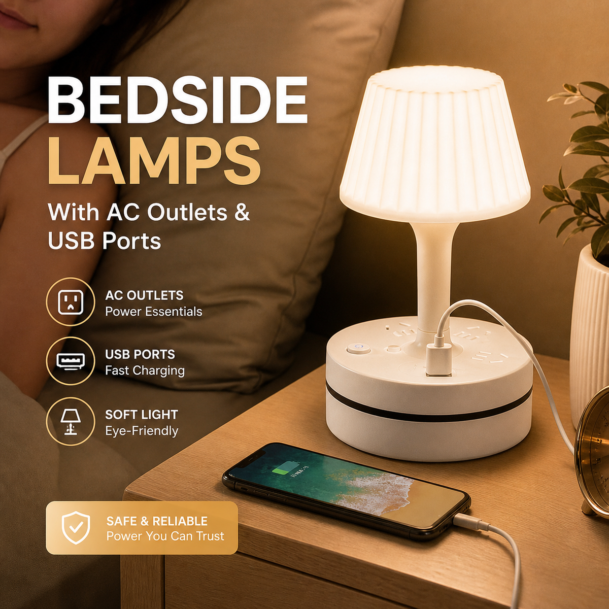 Brix Bedside Lamp | Compact Design with AC Outlets and USB Charging Ports 1