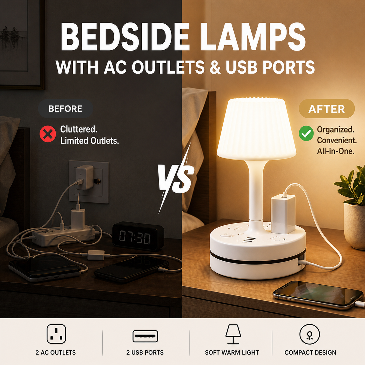 Brix Bedside Lamp | Compact Design with AC Outlets and USB Charging Ports 2