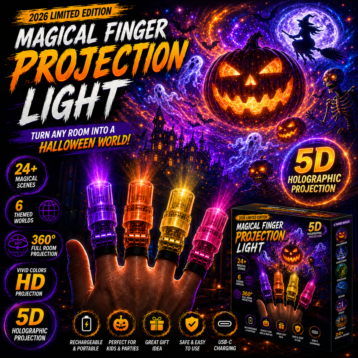 Brixen Magic Finger Projection Light | Halloween Edition, 24+ Scenes, 6 Themed Worlds 1