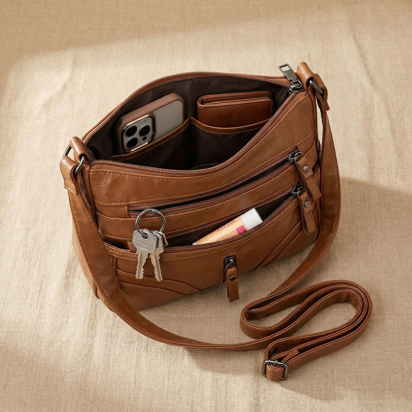 Caden Crossbody Bag | Soft PU Leather, 6 Zippered Pockets, Adjustable Strap 2