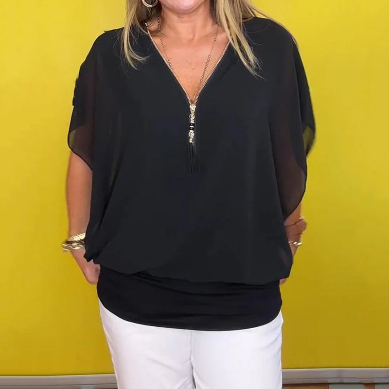 Celia Chiffon Top | Lightweight Zip-Up V Neck Blouse for Women 0
