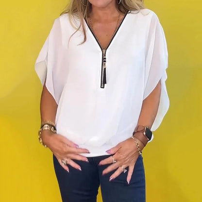 Celia Chiffon Top | Lightweight Zip-Up V Neck Blouse for Women 2